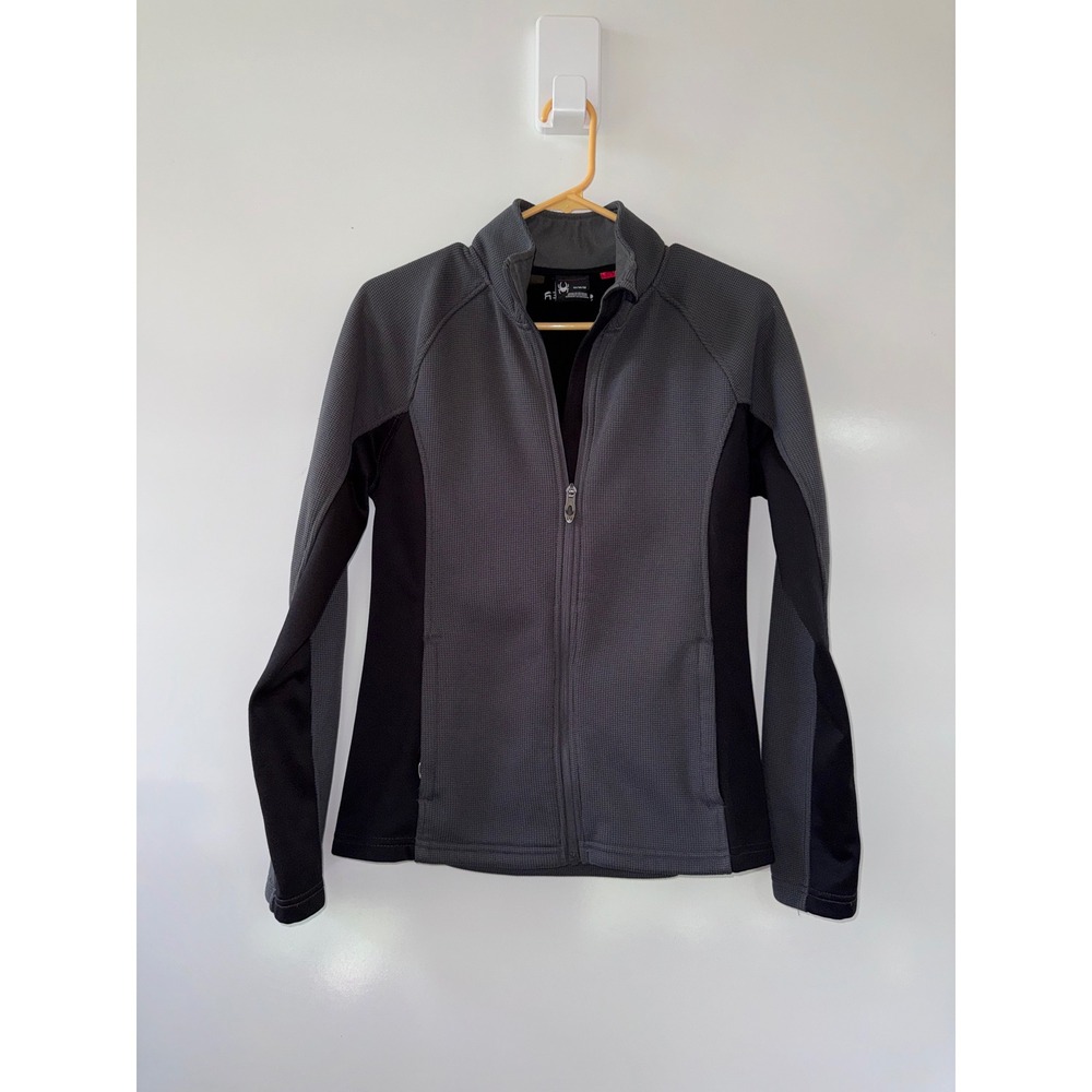 Spyder Womens Full Zip Fleece Jacket‎ Grey Black Waffle Knit Mock Neck Size M